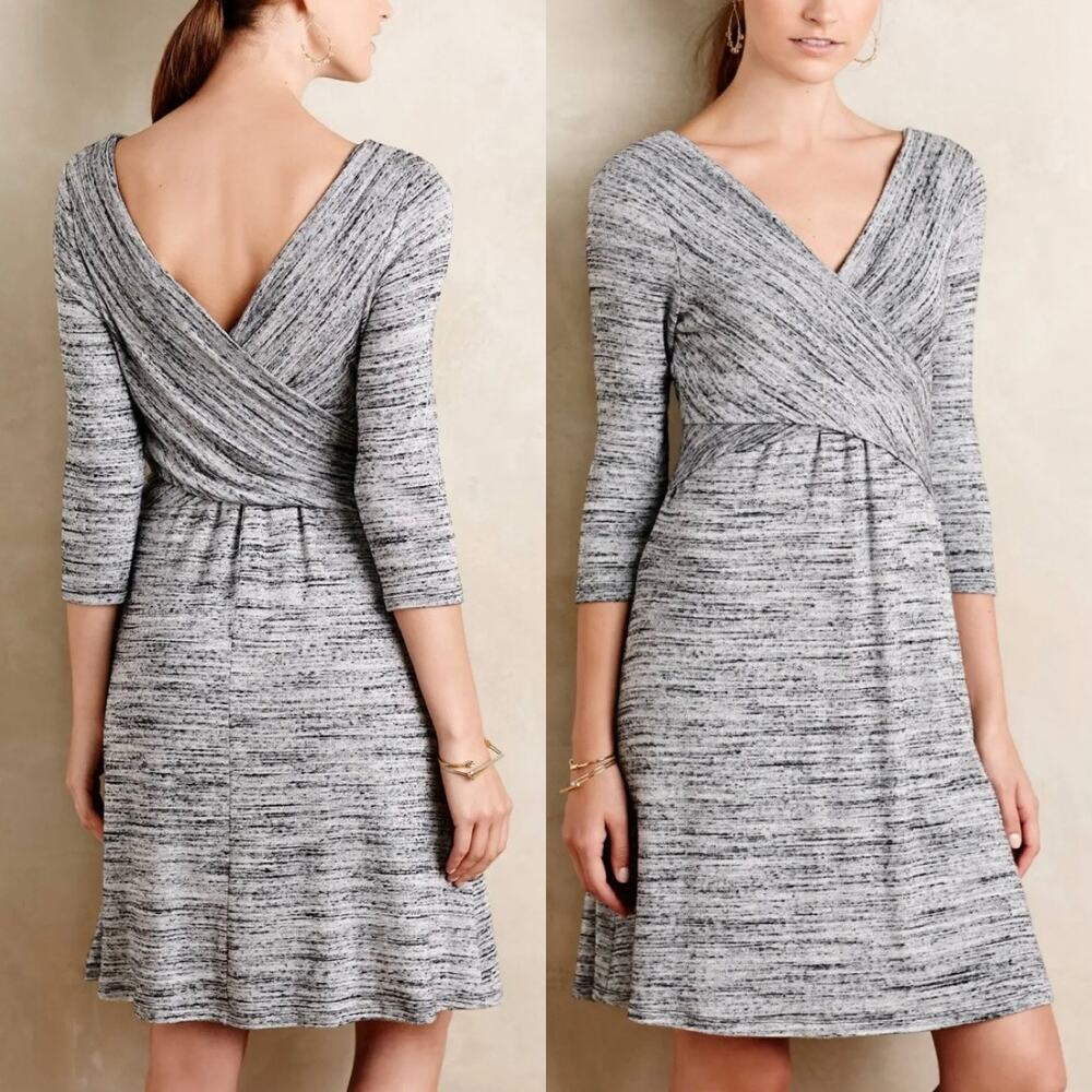 Amadi for Anthropologie Lola Faux Wrap Knit Dress Gray 3/4 Sleeve Medium Office